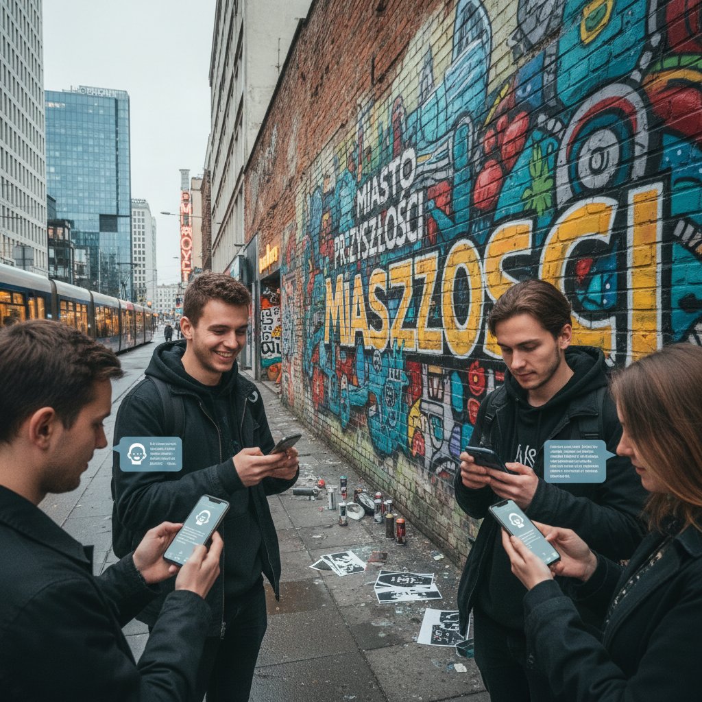 Grupa młodych osób rozmawia z botem AI na smartfonach, w tle polskie graffiti i miejski pejzaż