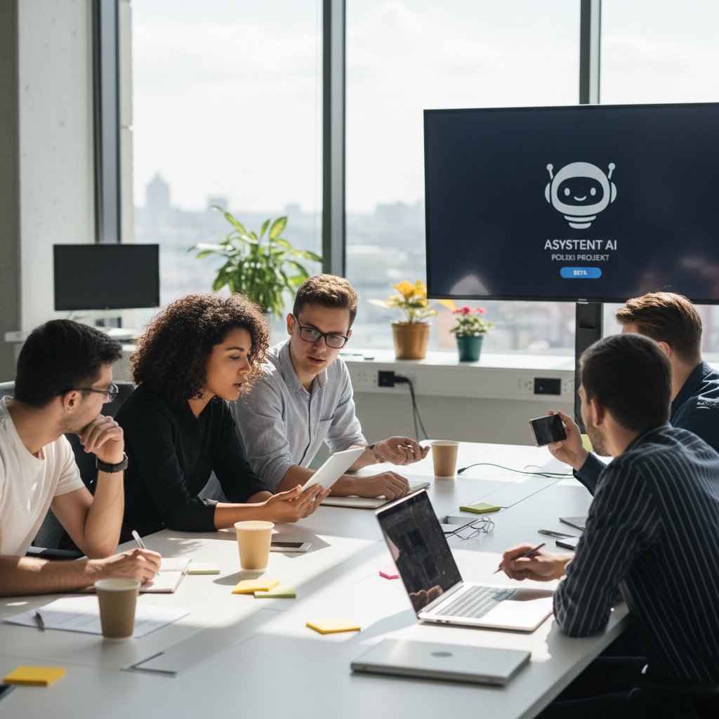 Młodzi ludzie testujący polskiego asystenta AI na spotkaniu projektowym