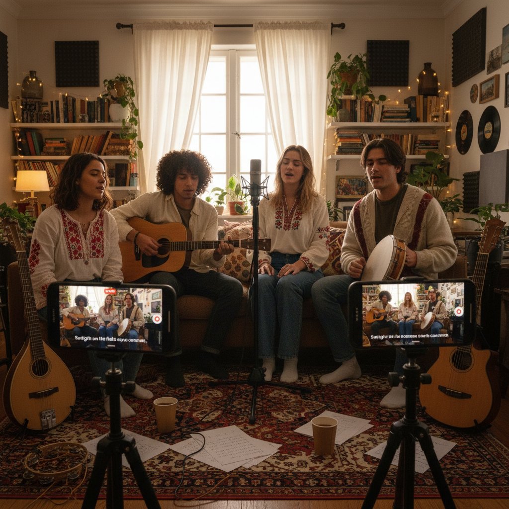 Grupa młodych ludzi nagrywa challenge do tradycyjnej pieśni ludowej na TikToku w domowej aranżacji