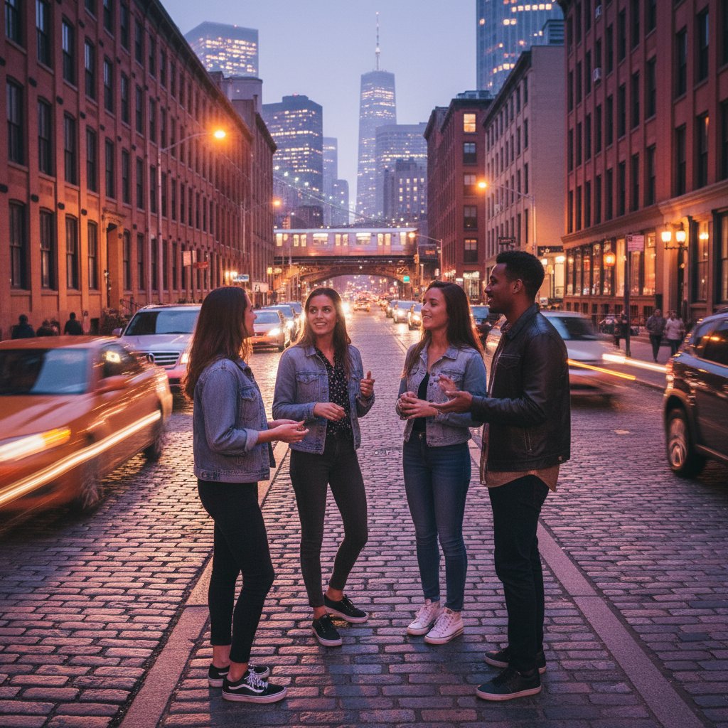 Grupa młodych ludzi rozmawia na ulicy, używa młodzieżowego slangu, wieczorne światło miasta