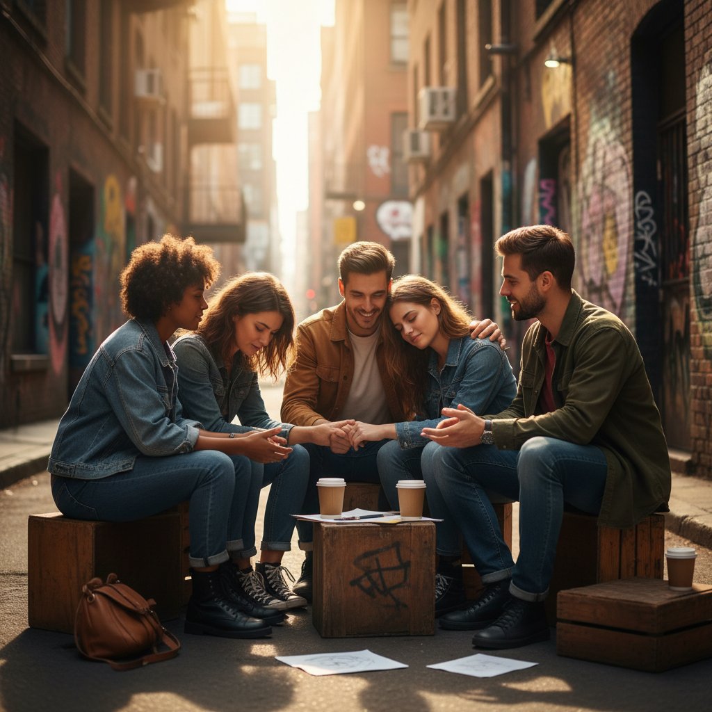 Grupa młodych ludzi w miejskim plenerze, czująca bliskość i wsparcie emocjonalne, wsparcie psychiczne