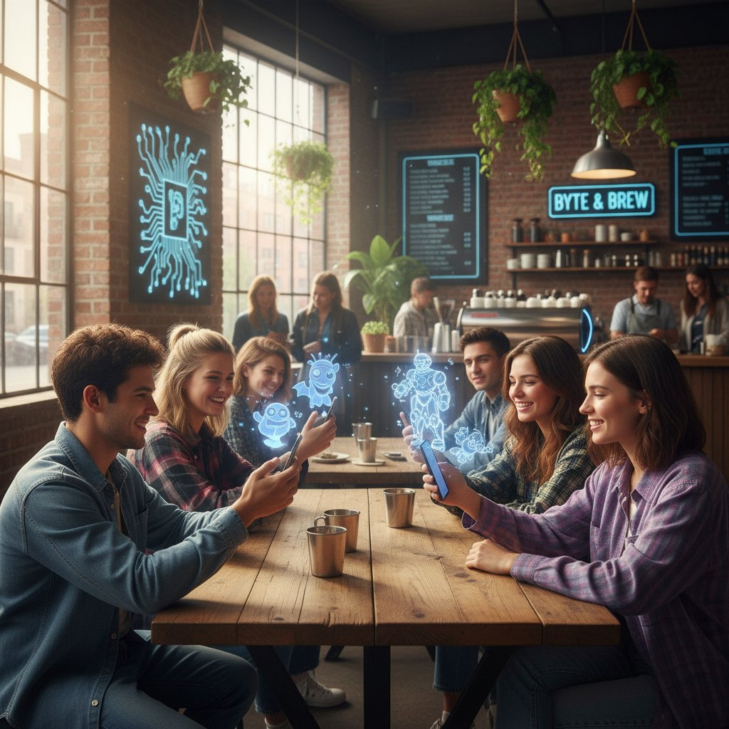 Grupa młodych ludzi w miejskiej kawiarni rozmawiających z cyfrowym przyjacielem na smartfonie