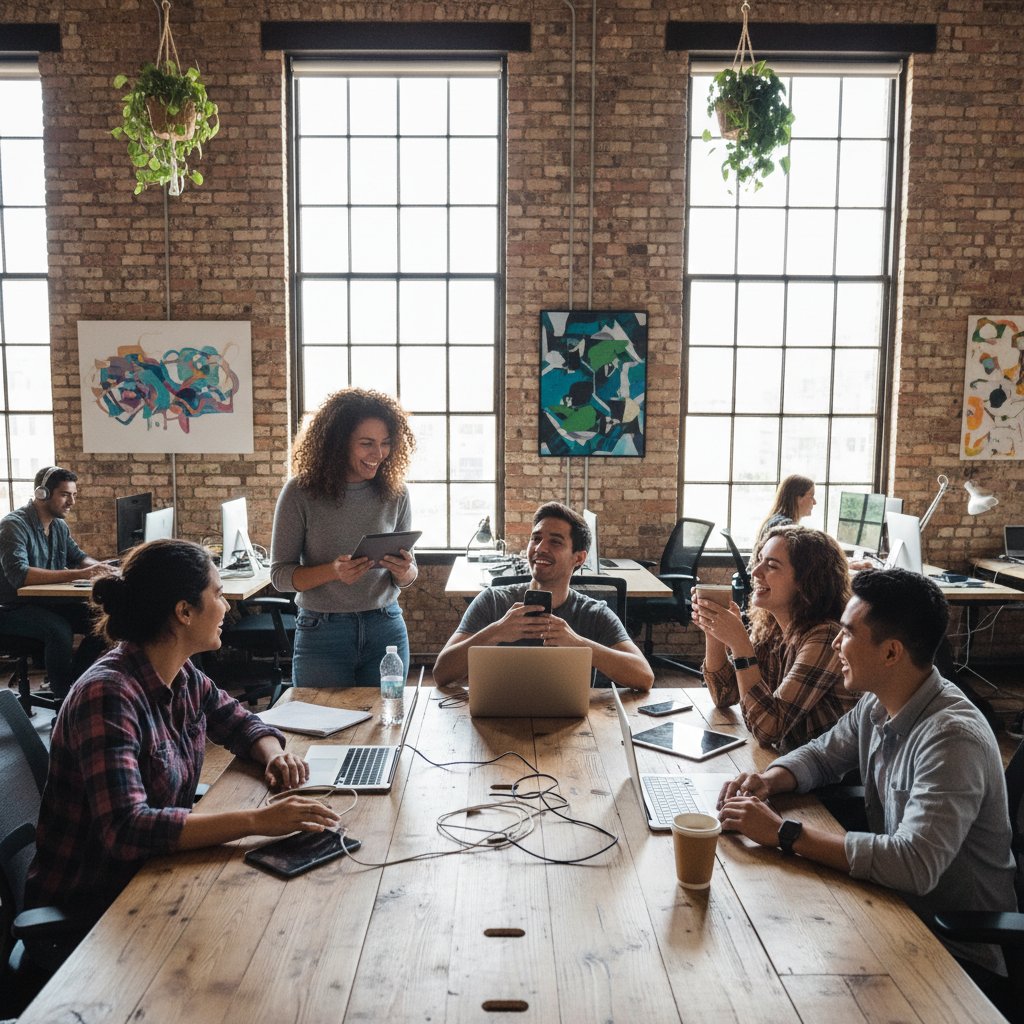 Młodzi ludzie w miejskiej przestrzeni coworkingowej, rozmawiają, śmieją się, korzystają z urządzeń cyfrowych