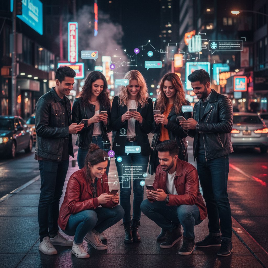 Junge Menschen in urbaner Nacht, alle mit Smartphones, verbunden durch digitale Chats, Szene von digitaler Verbundenheit