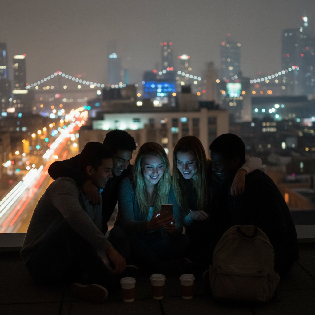 Młodzi ludzie w ciemnym mieście rozmawiający przez smartfony, szukając przyjaciela online