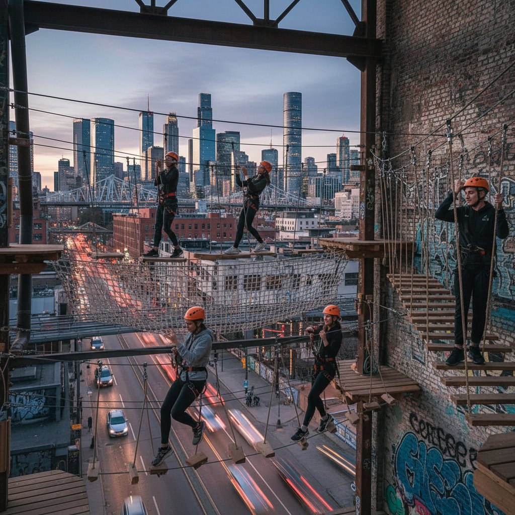 Grupa młodych ludzi eksploruje park linowy w miejskim otoczeniu, sportowe atrakcje weekendowe