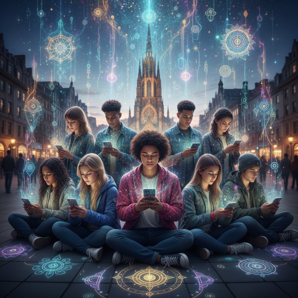 Symbolfoto: Junge Menschen in urbaner Umgebung, jeder blickt auf sein Smartphone, digitale Aura-Effekte um die Geräte – Thema digitale Spiritualität