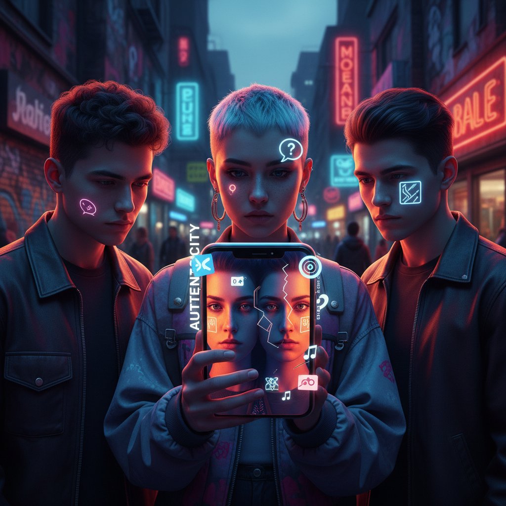 Grupa młodych ludzi w różnych stylizacjach, część patrzy w ekran telefonu, część zamyślona – zderzenie autentyczności i popkultury