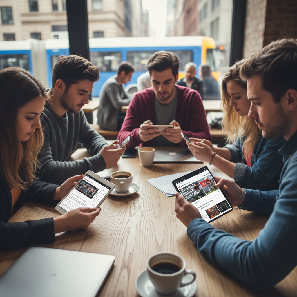 Grupa młodych ludzi korzystających z różnych urządzeń mobilnych, przeglądających wiadomości online