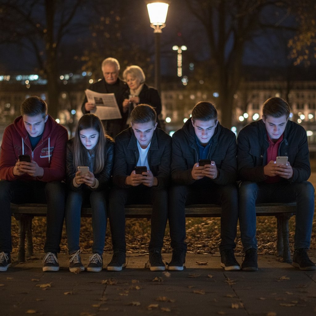 Młodzi ludzie korzystający z telefonów nocą, światła ekranów, kontrast pokoleń