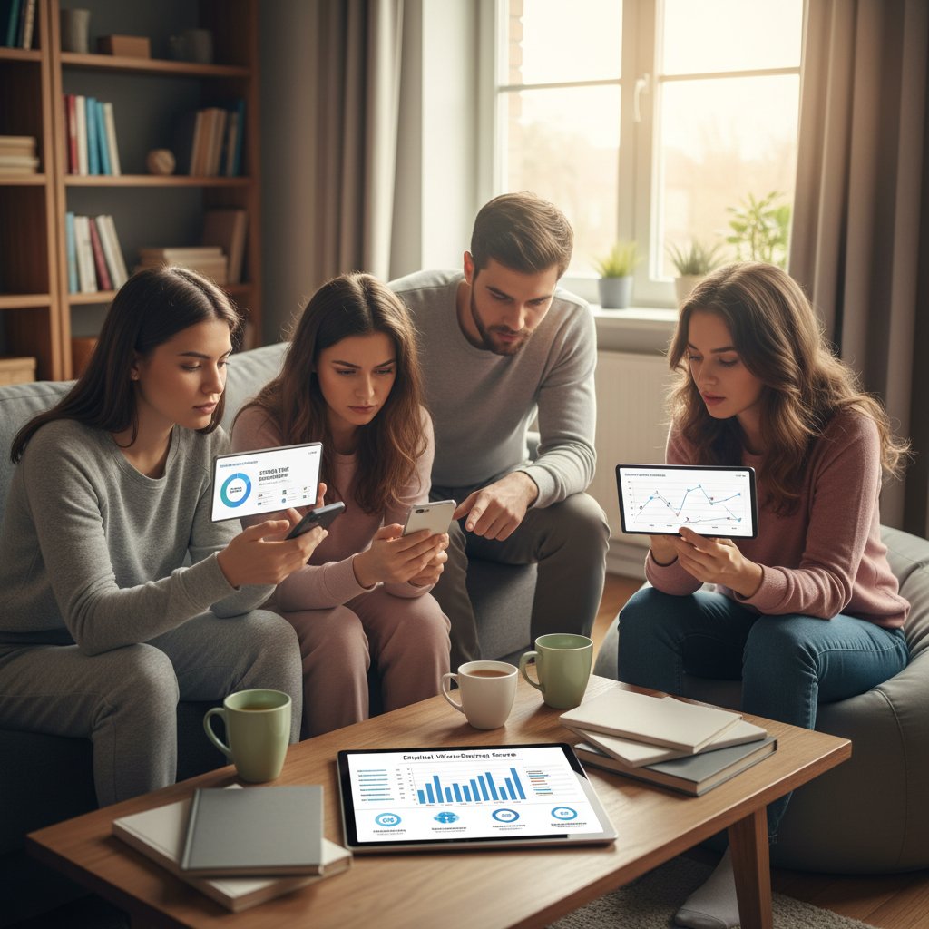 Statystyki korzystania z symptom checkerów w Polsce, młodzi ludzie ze smartfonami w domu