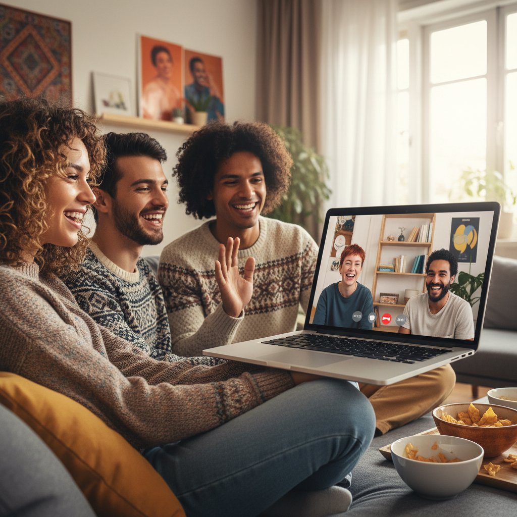 Dwoje młodych ludzi na wideoczacie, śmiejących się i rozmawiających przez laptopa