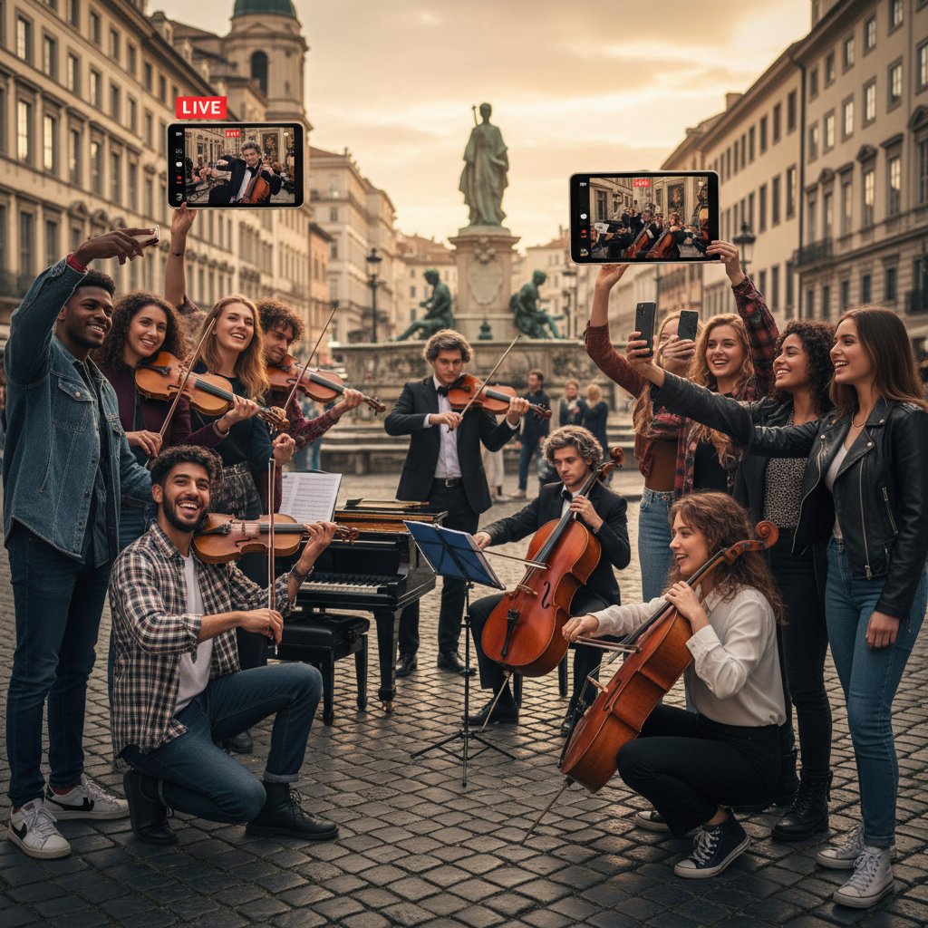 Młodzież tworząca viralowy filmik do muzyki klasycznej, smartfon, scena miejska