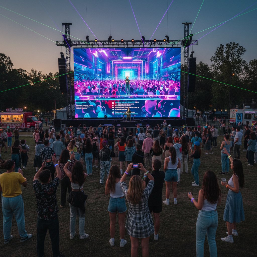 Młode osoby uczestniczące w wirtualnym festiwalu muzycznym przed dużym ekranem