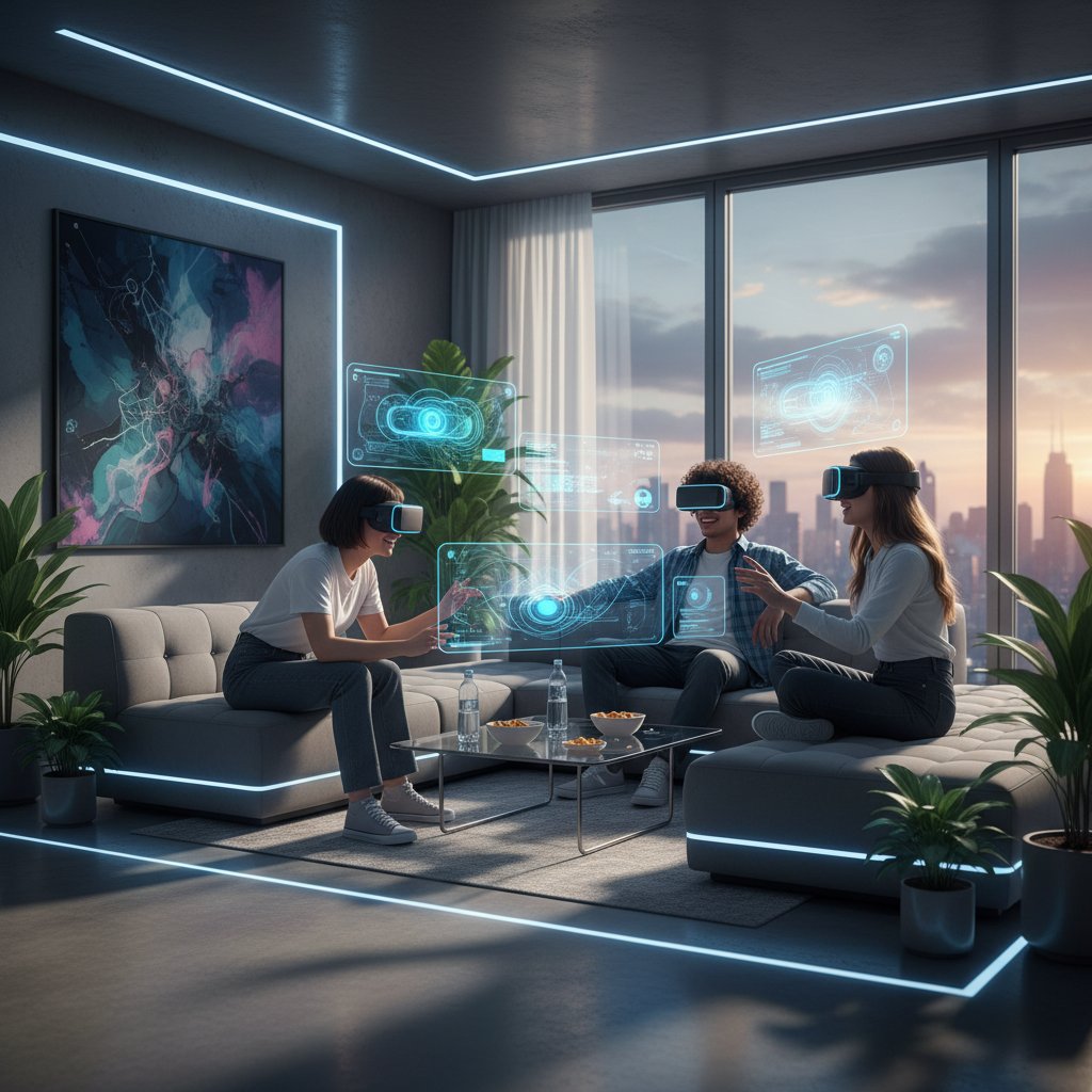 Młodzi ludzie z goglami VR rozmawiają ze sobą, dynamiczna scena w nowoczesnym mieszkaniu