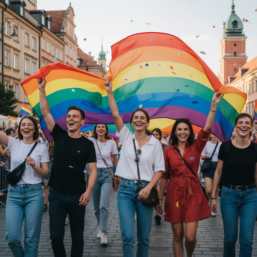 Grupa młodych ludzi na rynku w Warszawie, śmiejących się i trzymających flagę pride