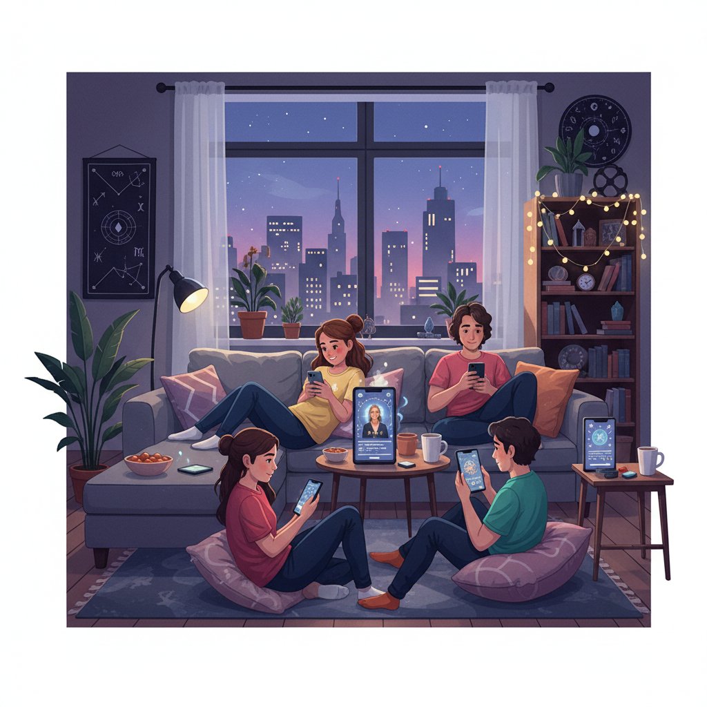 Grupa młodych ludzi ogląda transmisję o astrologii na smartfonach, mieszkanie w stylu urban