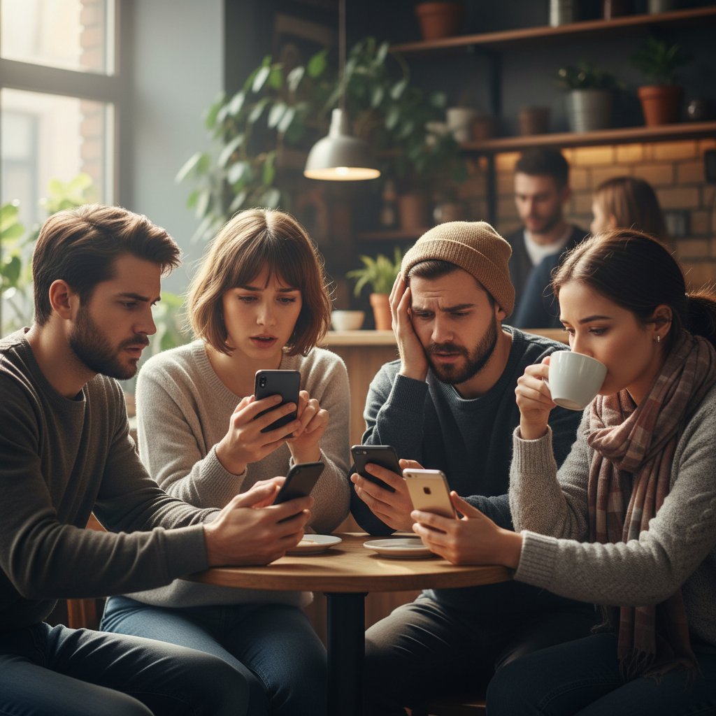 Młodzi ludzie oglądający wiadomości na telefonie w kawiarni, zaniepokojeni