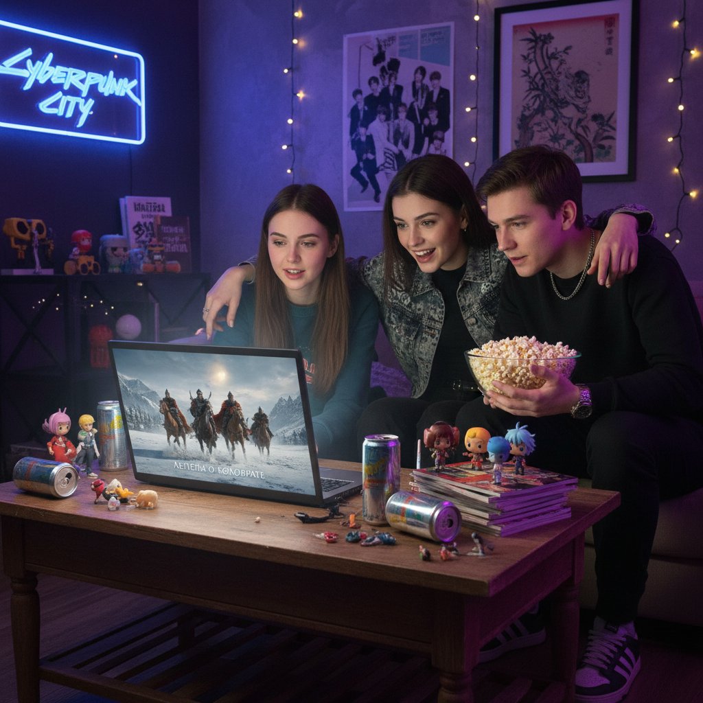 Grupa młodych ludzi oglądających rosyjski film z napisami, laptop, popkulturowy klimat