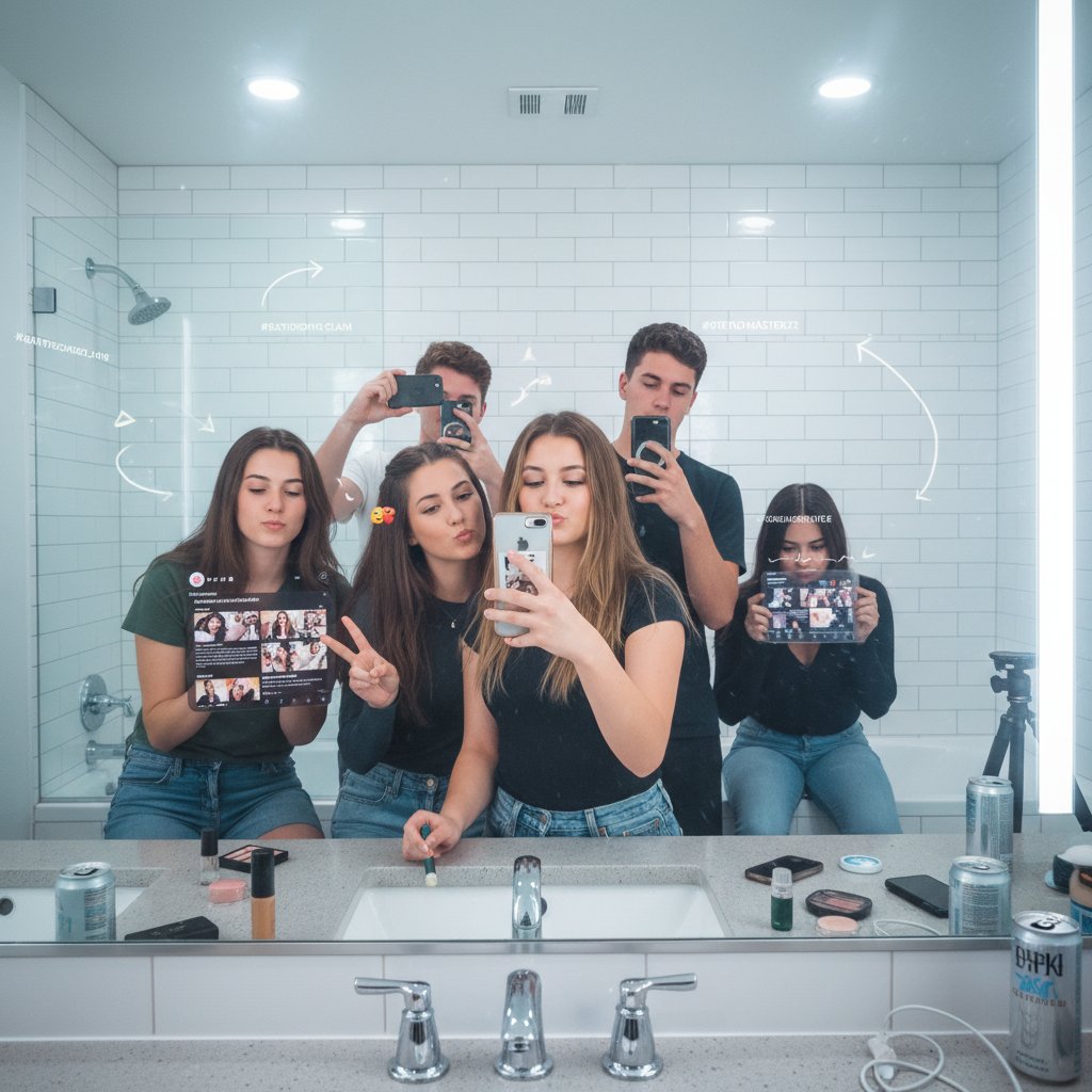 Grupa młodych osób przeglądających smartfony w łazience, wpływ mediów społecznościowych na nawyki higieniczne