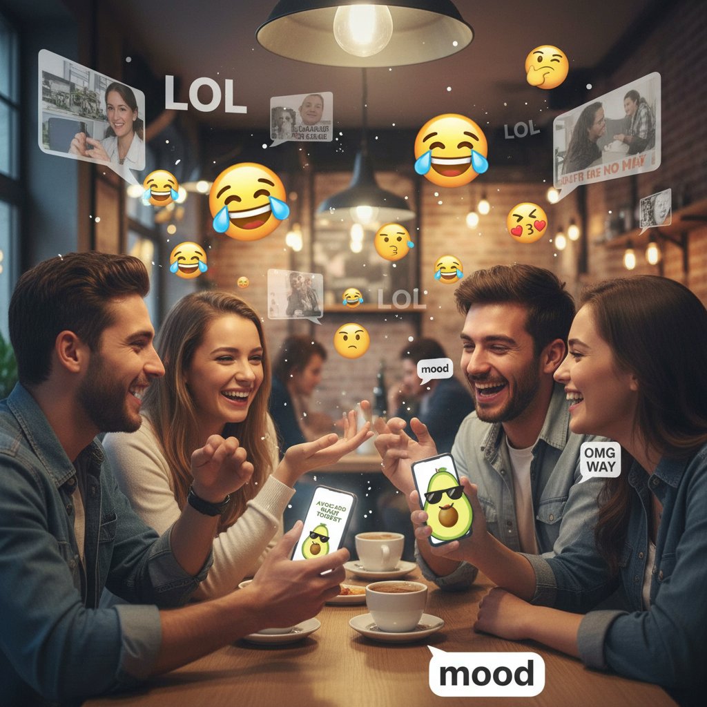Młodzi ludzie rozmawiający przez telefon, emoji i memy reprezentujące nową kulturę online