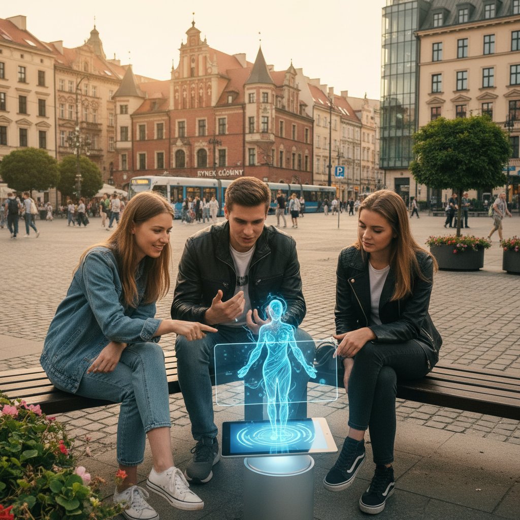 Młodzież korzystająca z AI w codziennych rozmowach – scena uliczna, smartfony, polskie miasto