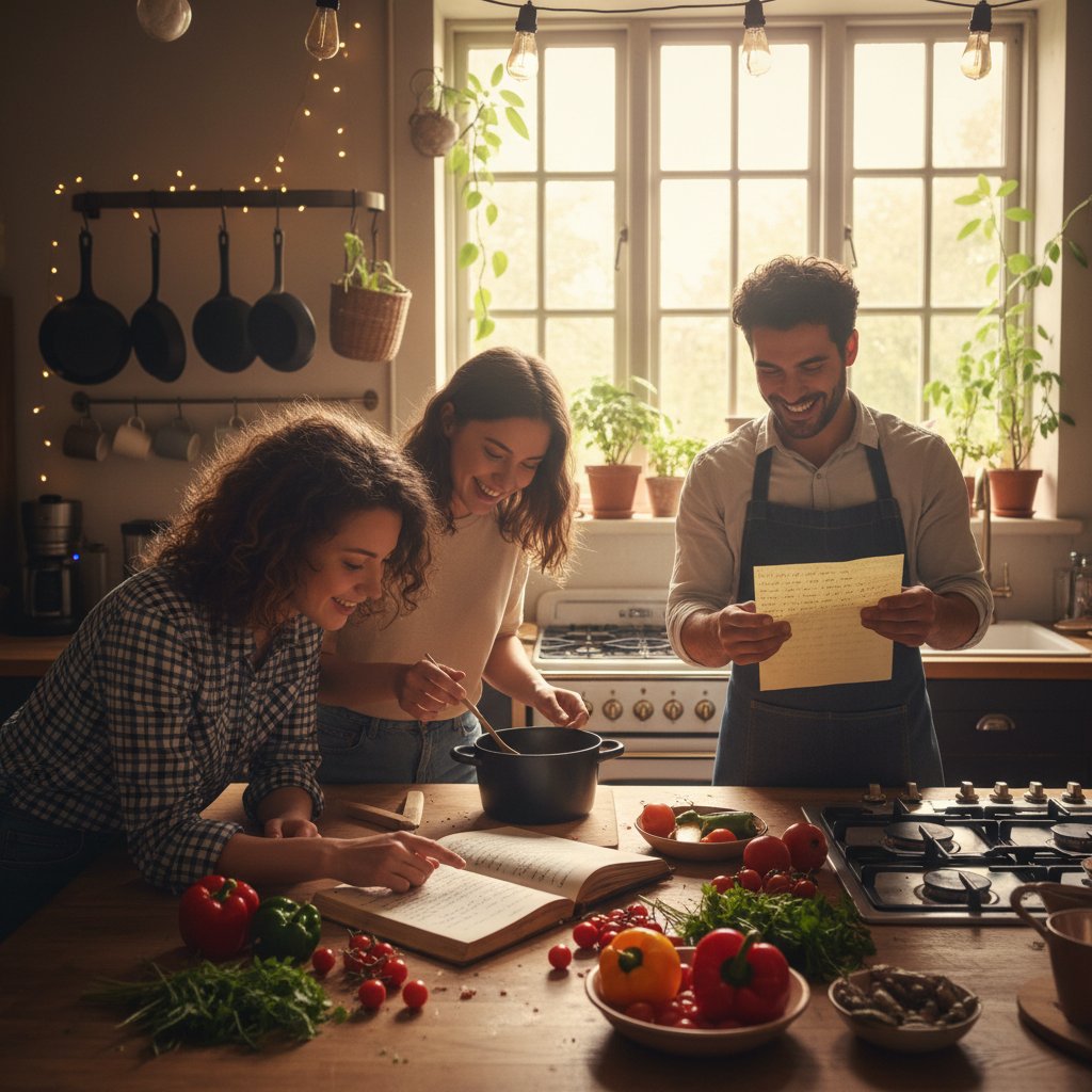 Młodzi ludzie gotujący z zeszytów w przytulnej kuchni, domowa atmosfera i ręczne notatki
