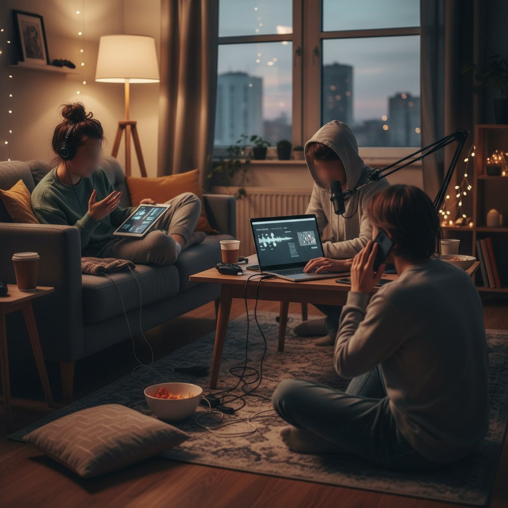 Grupa młodych ludzi w miejskim mieszkaniu, rozmawiających online bez kamerki, słowa kluczowe: cyfrowa obyczajowość Polska