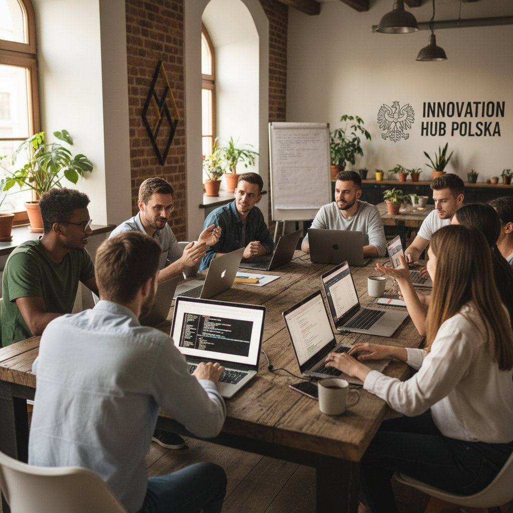 Grupa młodych ludzi z laptopami, dyskutujących w otwartym, multikulturowym otoczeniu, Polska