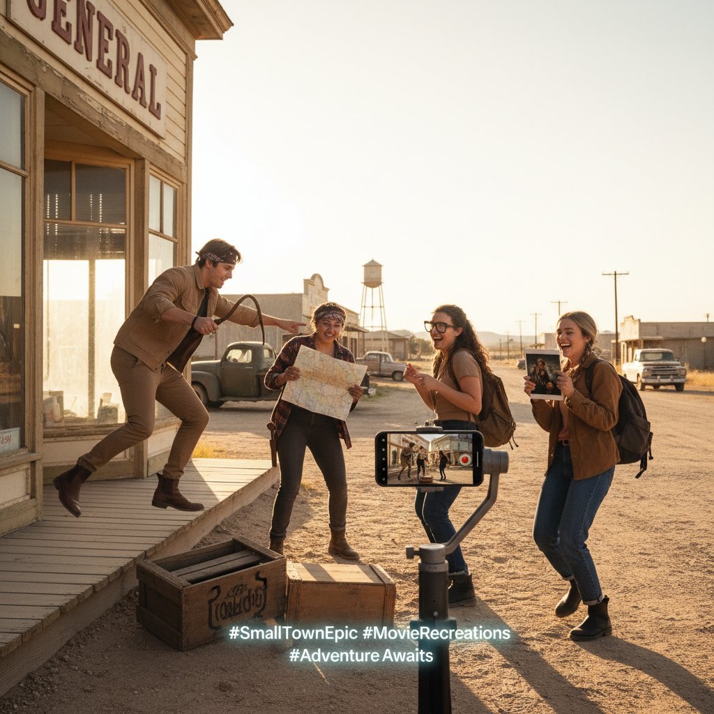 Funny photo of young people in a small town, recreating iconic movie scenes for social media, playful energy