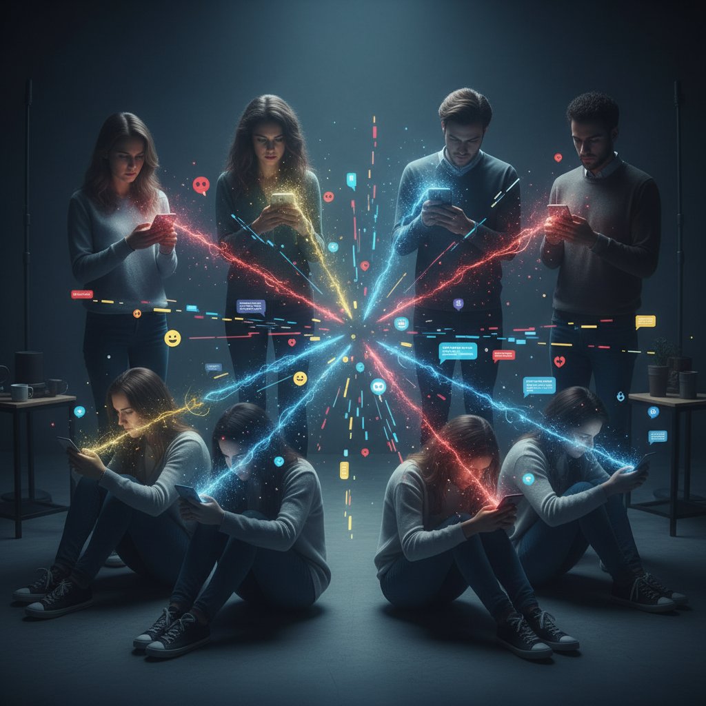 Młodzi ludzie patrzący w ekrany smartfonów, ciemne pomieszczenie – symbol cyfrowych gorących punktów