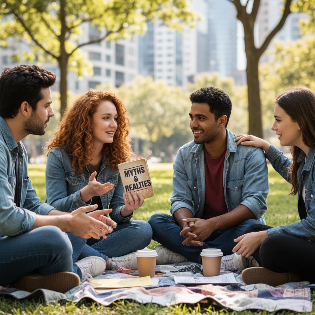 Młodzi ludzie rozmawiający ze sobą przy stoliku, symbolizujący przełamywanie mitów o wsparciu emocjonalnym