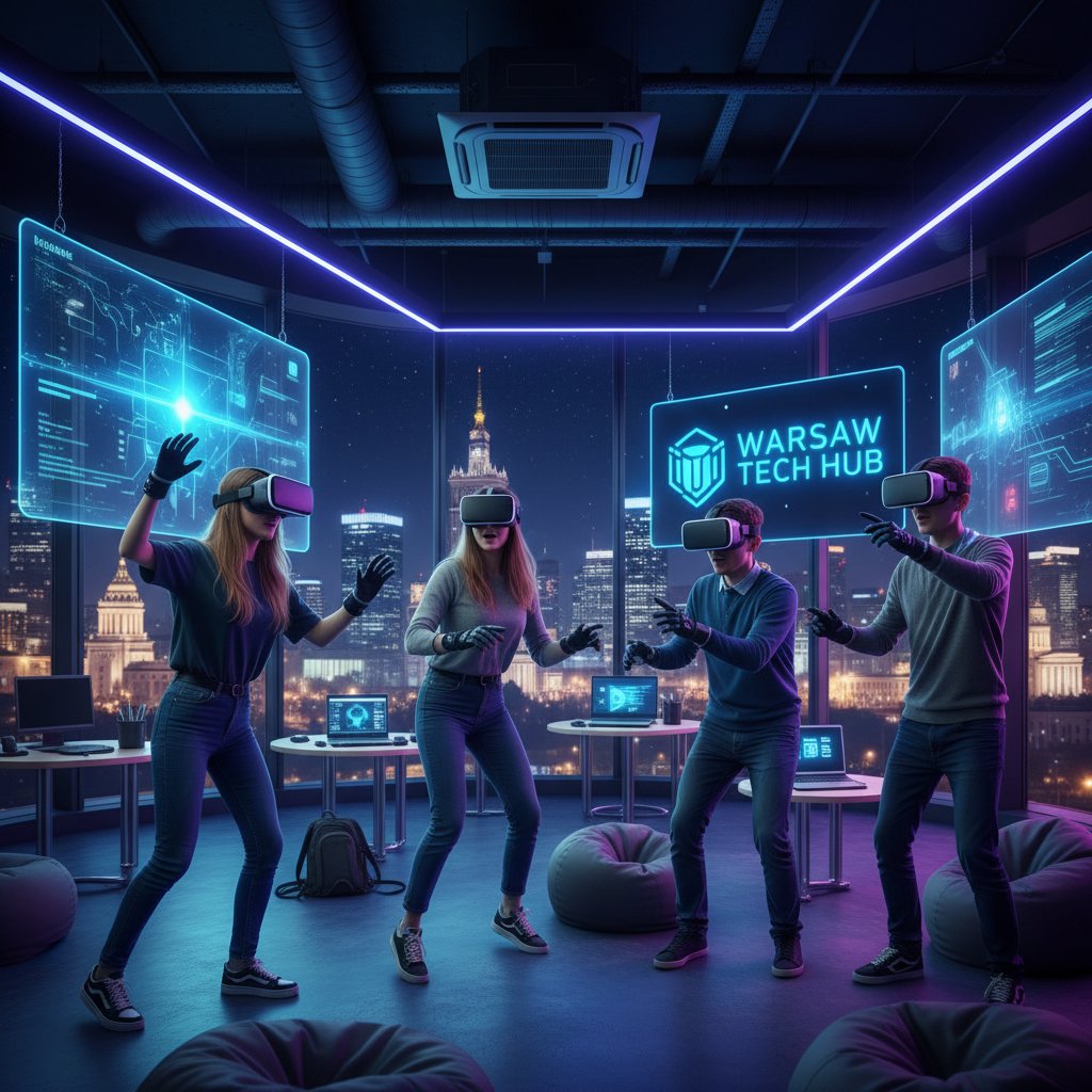Grupa młodych ludzi testujących aplikacje VR, klub technologiczny w Warszawie, wieczorne światła