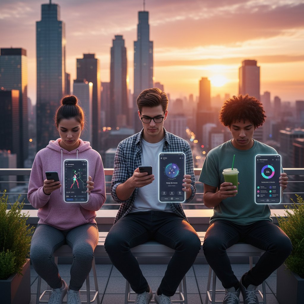 Grupa młodych ludzi korzysta z nowoczesnych aplikacji zdrowotnych w przestrzeni miejskiej