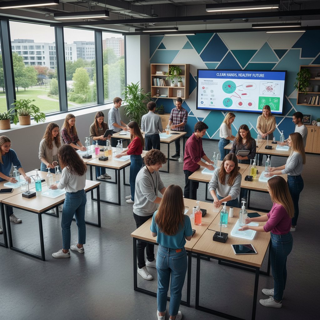 Grupa młodych ludzi uczestniczących w warsztatach dotyczących higieny rąk, nowoczesna sala