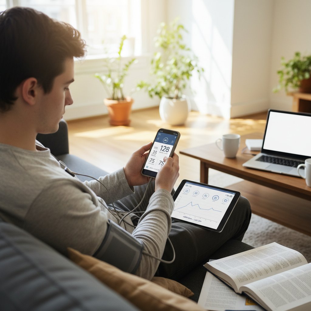 Młoda osoba analizująca wyniki ABPM na smartfonie w domowym otoczeniu, ekran wypełniony danymi