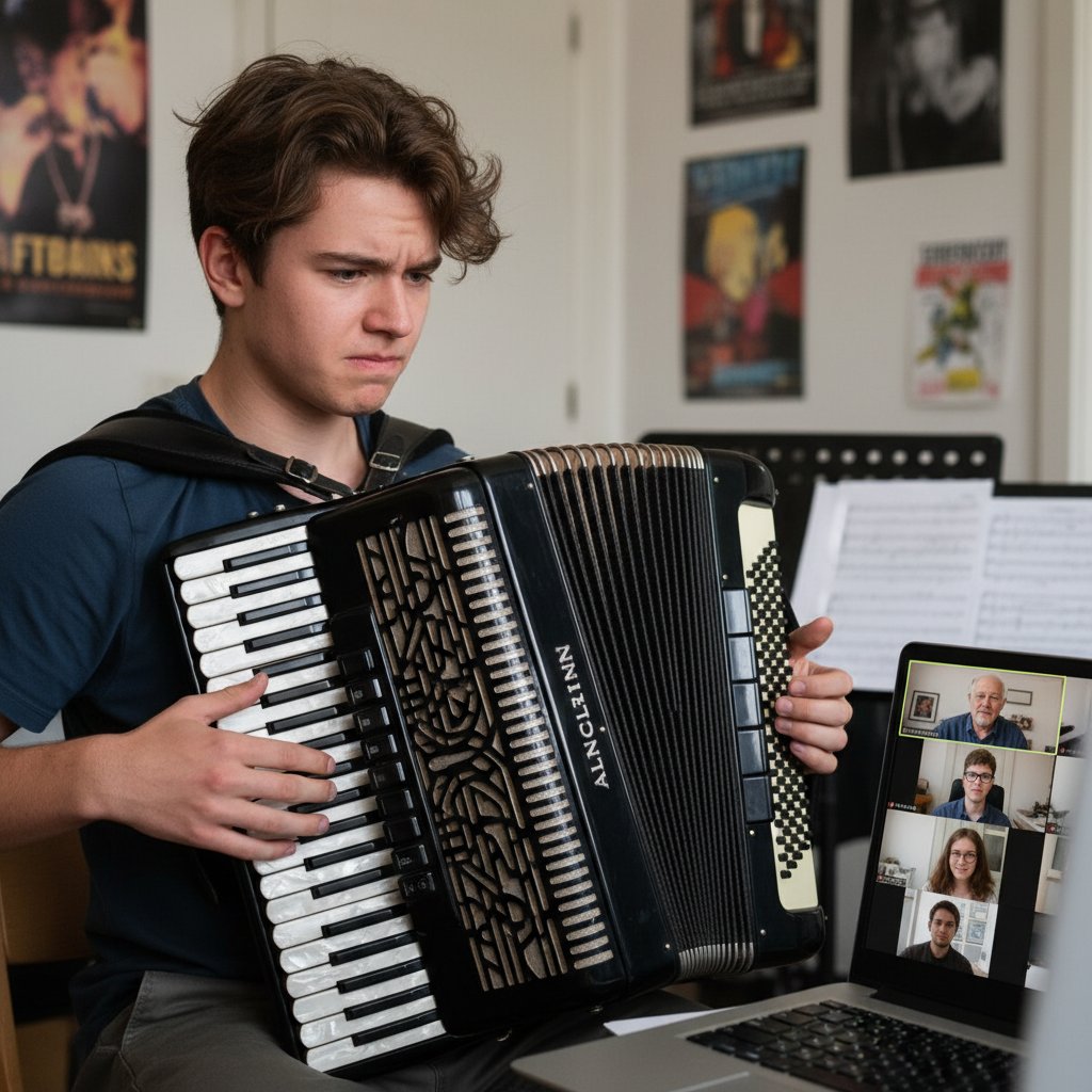 Młody debiutant grający na akordeonie przez wideorozmowę, pokazujący emocje i skupienie
