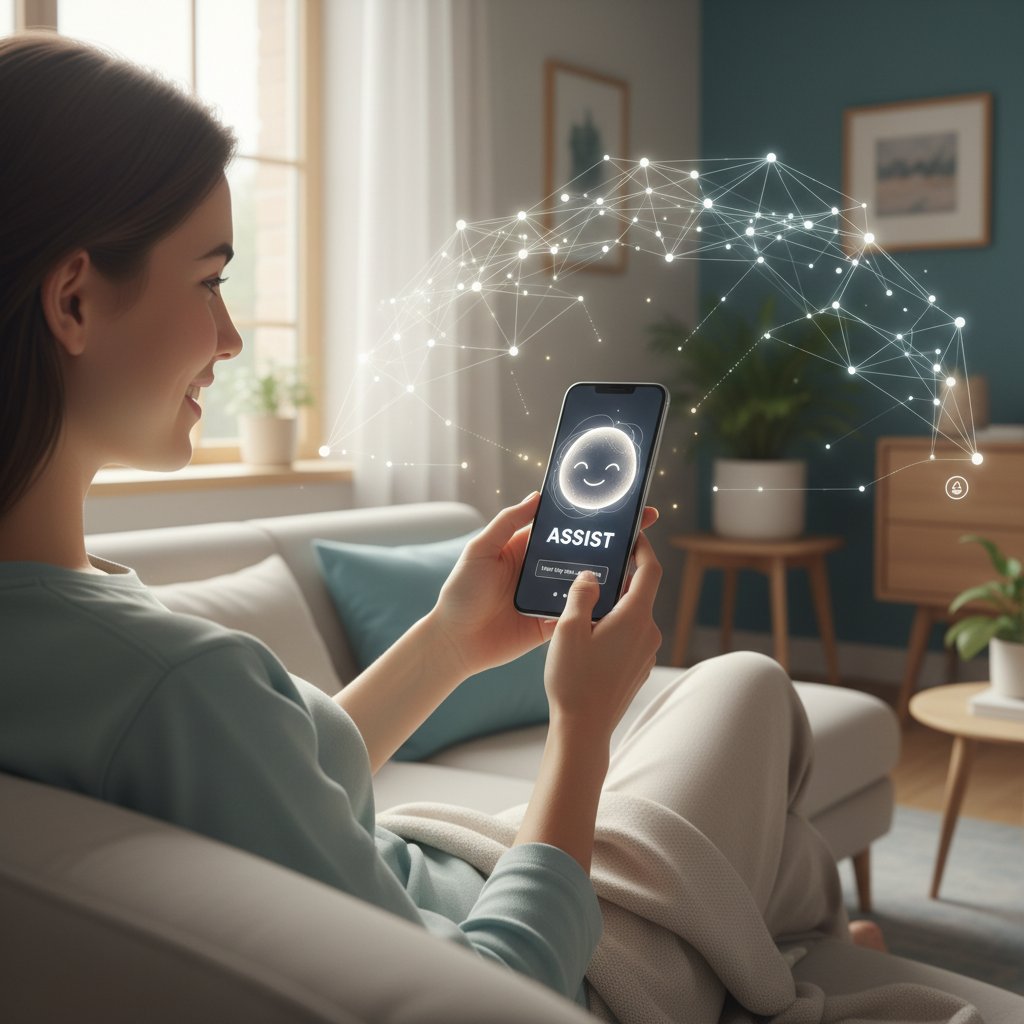 Młoda osoba rozmawiająca z telefonem, na ekranie symbol AI, atmosfera wsparcia i zrozumienia