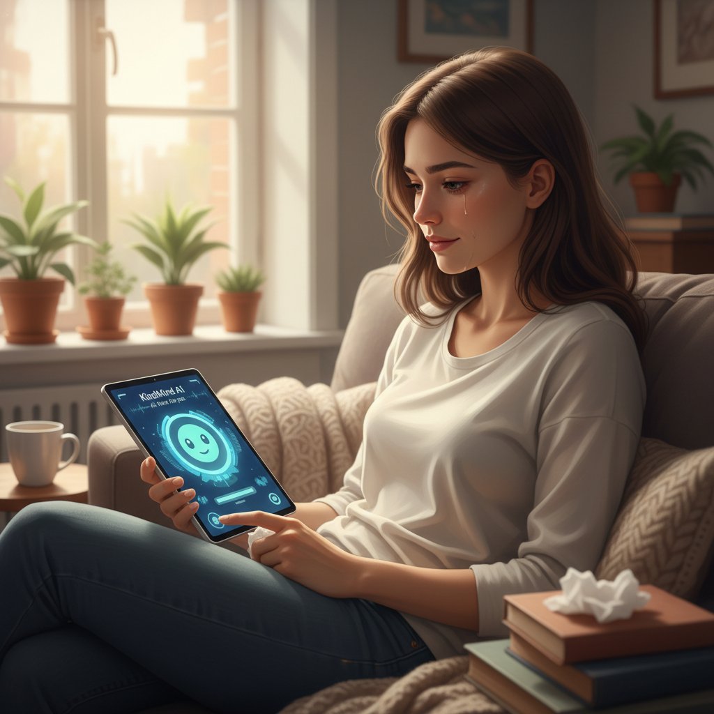 Młoda osoba korzysta z aplikacji AI do wsparcia emocjonalnego, nowoczesne testy psychologiczne