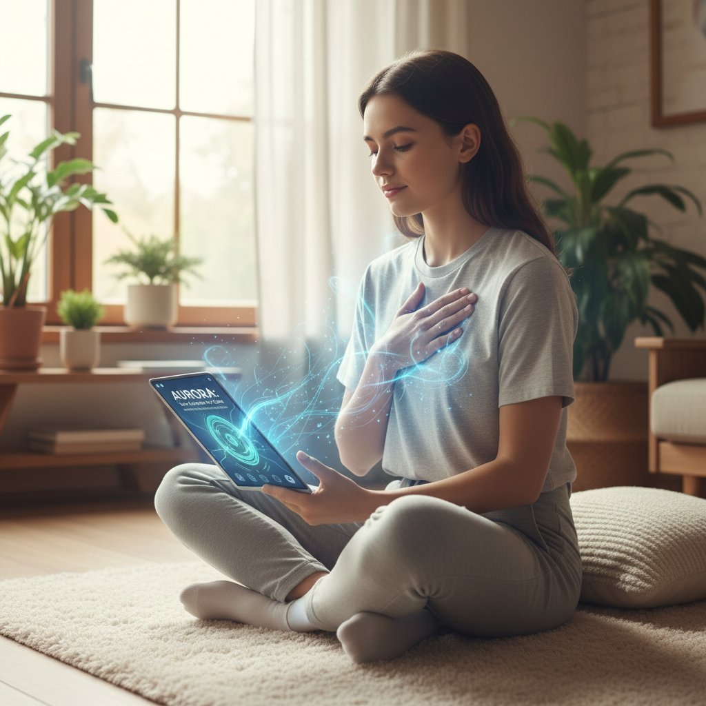 Młoda osoba korzystająca z aplikacji AI do wsparcia emocjonalnego, skupienie i spokój