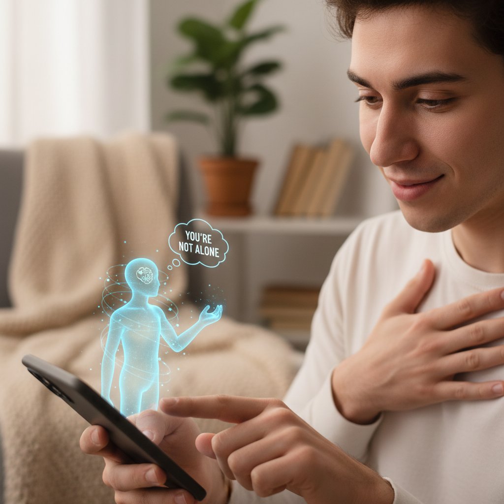 Młody człowiek rozmawiający z asystentem AI na smartfonie w przyjaznym otoczeniu