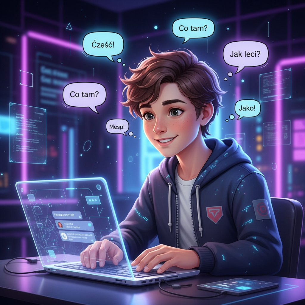 Młoda osoba rozmawiająca z awatarem AI na ekranie laptopa z polskimi napisami czatowymi