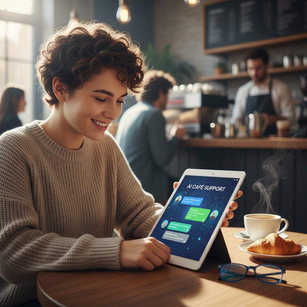 Młoda osoba rozmawiająca z AI w kawiarni, atmosfera wsparcia i codziennego życia