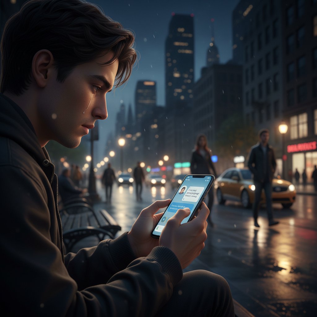 Młoda osoba korzysta z aplikacji AI zapewniającej komfort emocjonalny