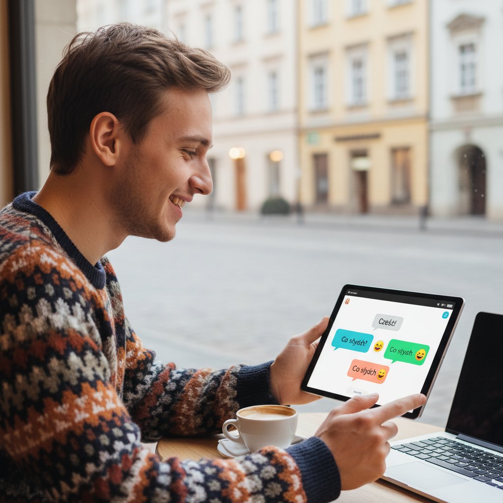 Młoda osoba rozmawia online z AI, atmosfera zabawy i swobody, dynamiczne światło, polskie akcenty