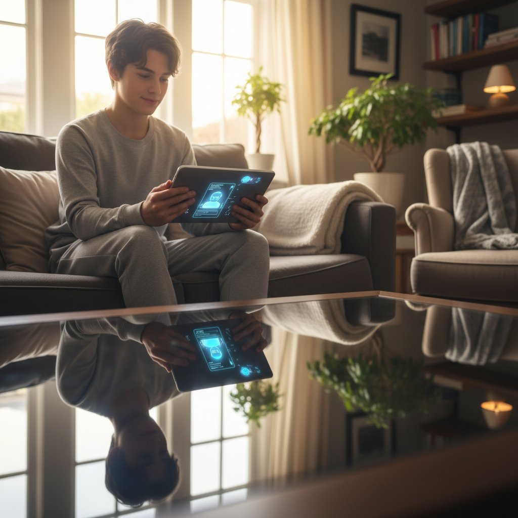 Młoda osoba rozmawiająca z AI przez smartfona w zaciszu domowym, refleksyjny nastrój