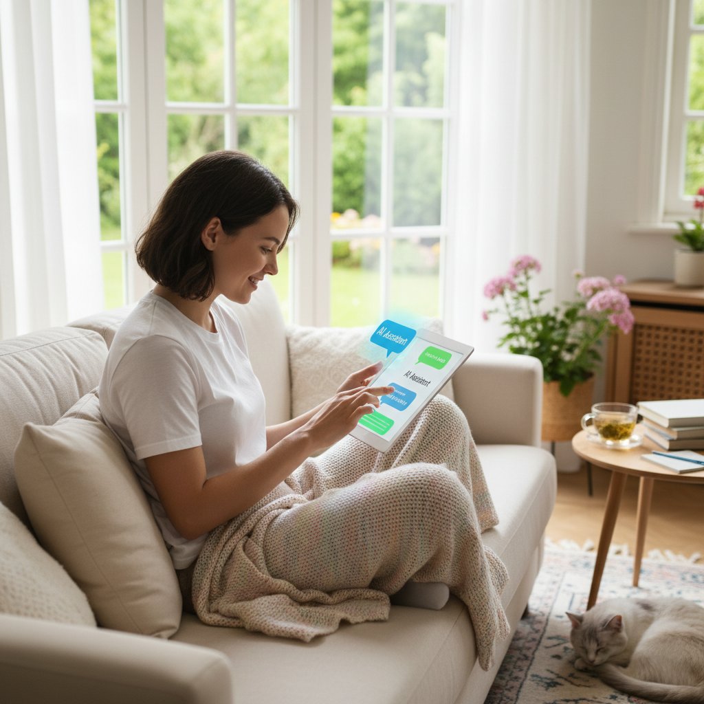 Młoda osoba rozmawiająca z AI na laptopie w domowym zaciszu, w spokojnej atmosferze