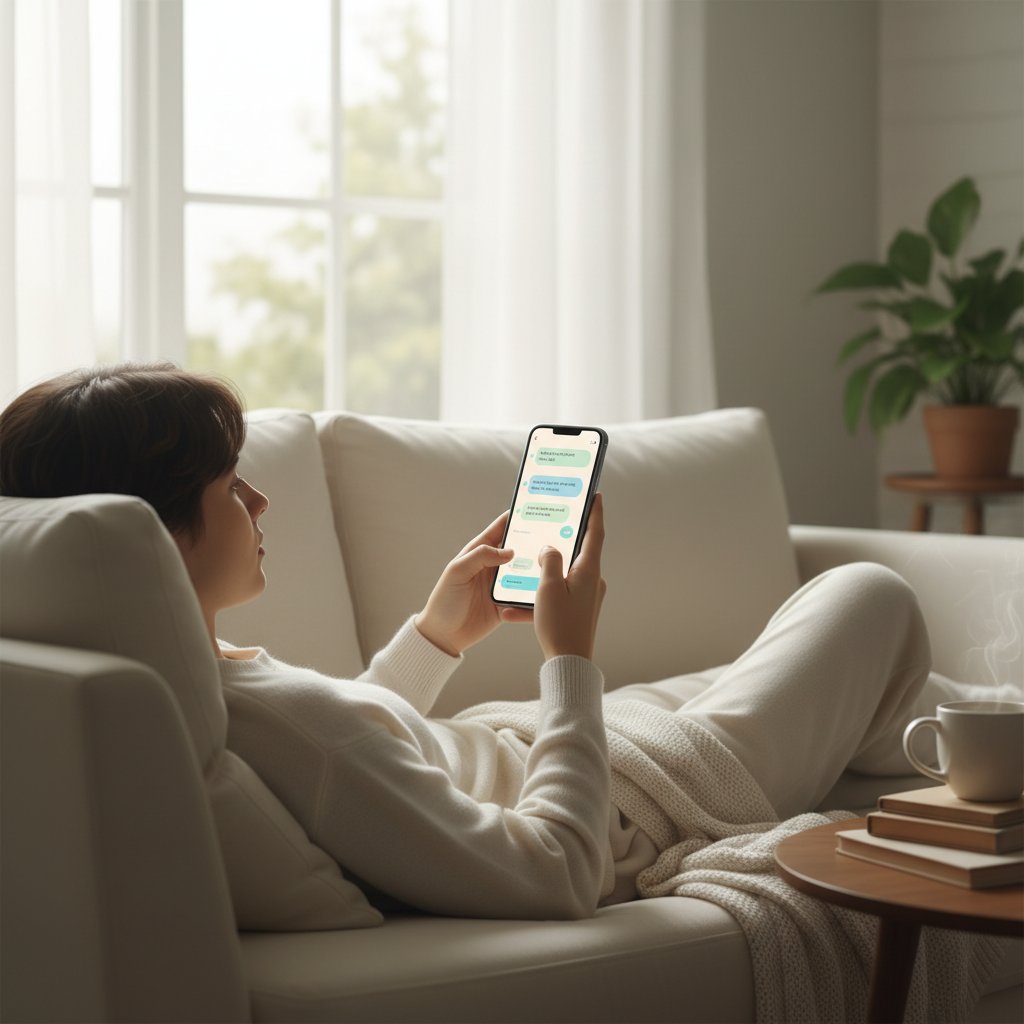 Młoda osoba rozmawia z AI przez czat na telefonie, wyraźne poczucie lekkości i komfortu