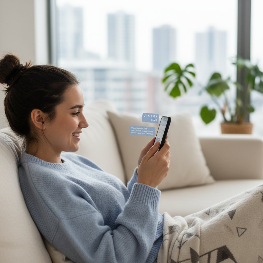 Młoda osoba rozmawiająca z AI na smartfonie, uśmiech na twarzy, atmosfera relaksu