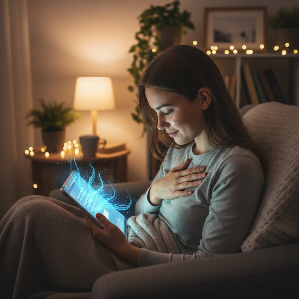 Młody człowiek rozmawiający z AI przez telefon, wyraz twarzy zrelaksowany, atmosfera wsparcia